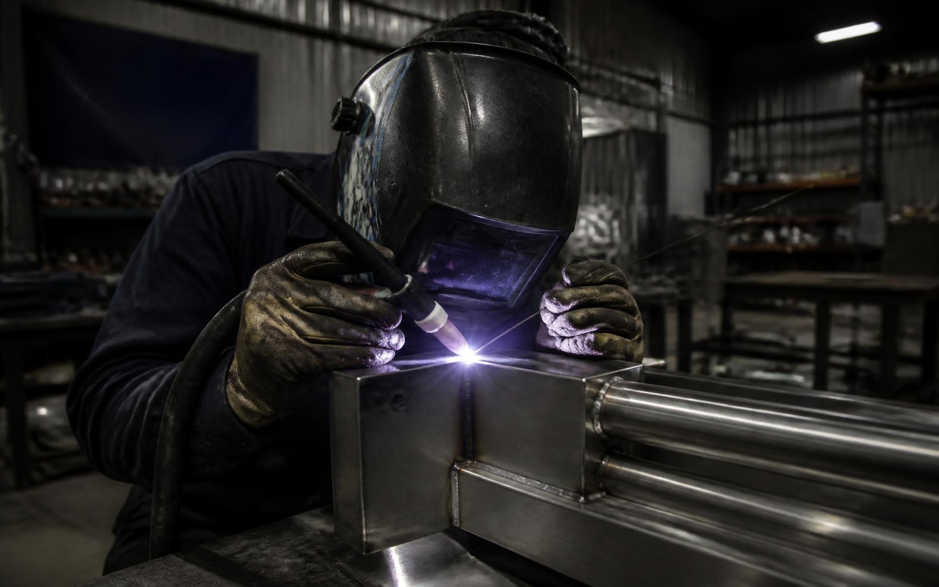 Welder joining a stainless steel assembly in a fabrication shop