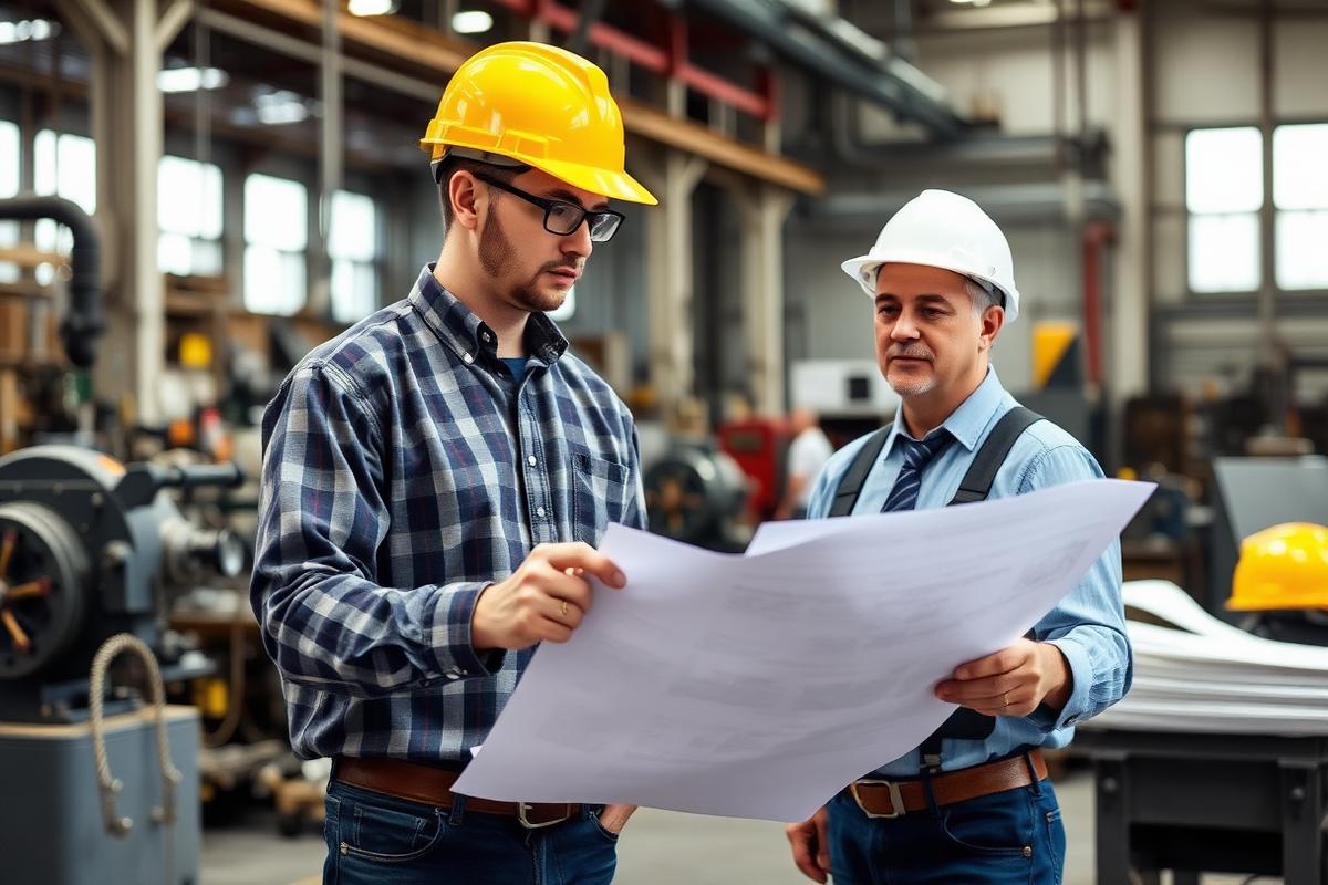 Engineer and plant manager reviewing manufacturing drawings on a shop floor