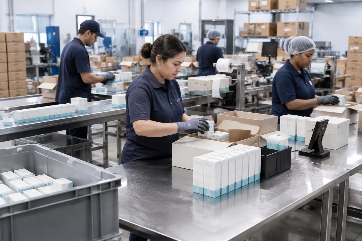 Workers assembling and labeling products on a professional packaging line