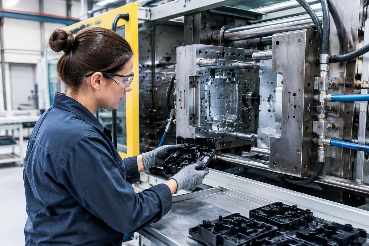 Technician inspecting a molded component at an injection molding machine
