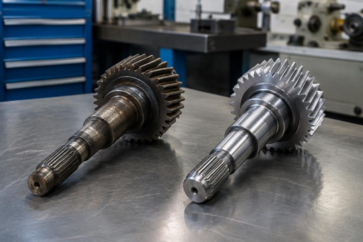 Worn industrial gear shaft beside a newly machined replacement component