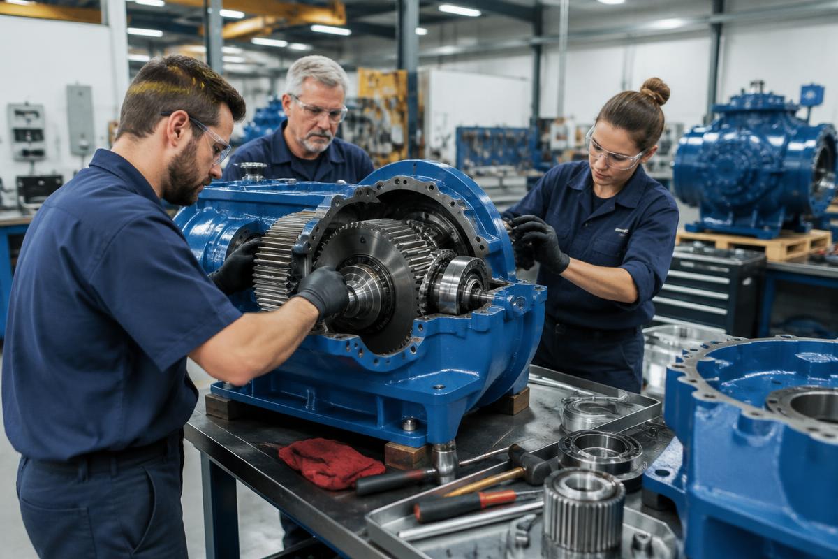 Technicians rebuilding an industrial gearbox in a professional repair workshop
